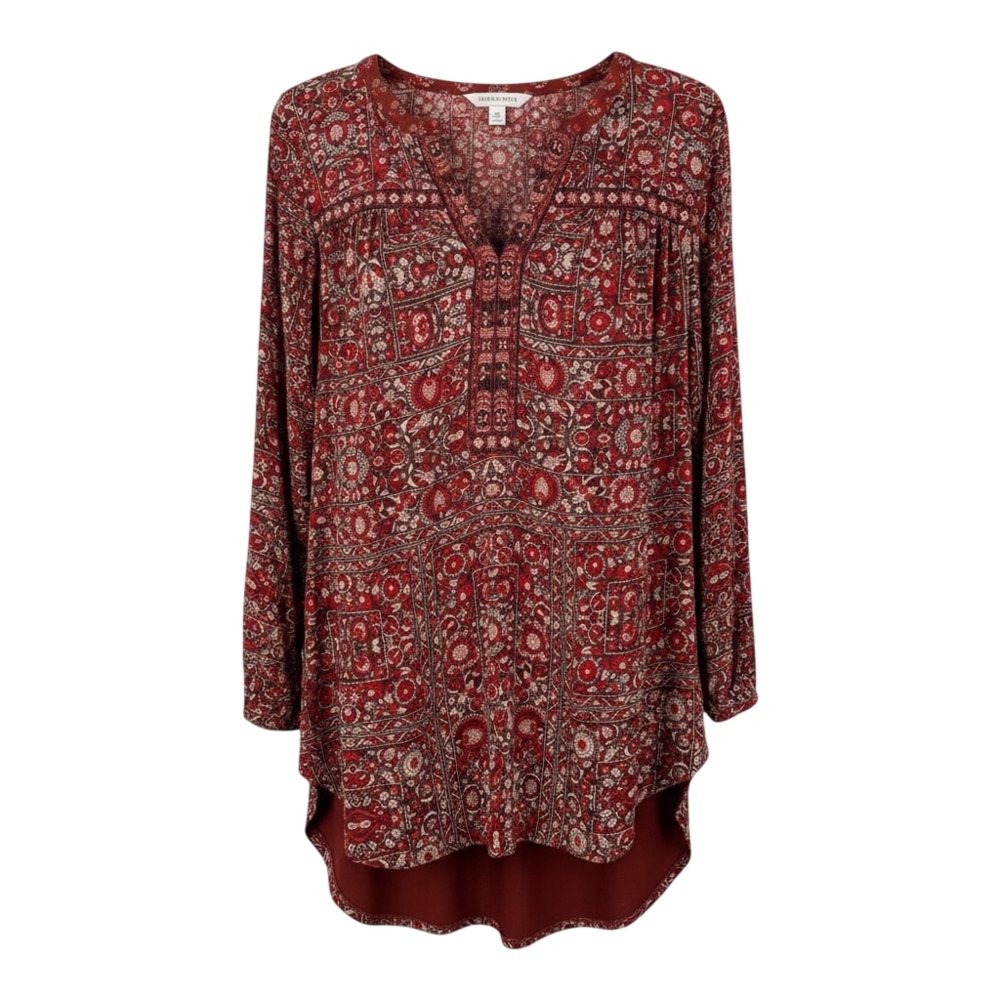 One September: Red and brown Boho blouse with split neckline embroidered trim yo